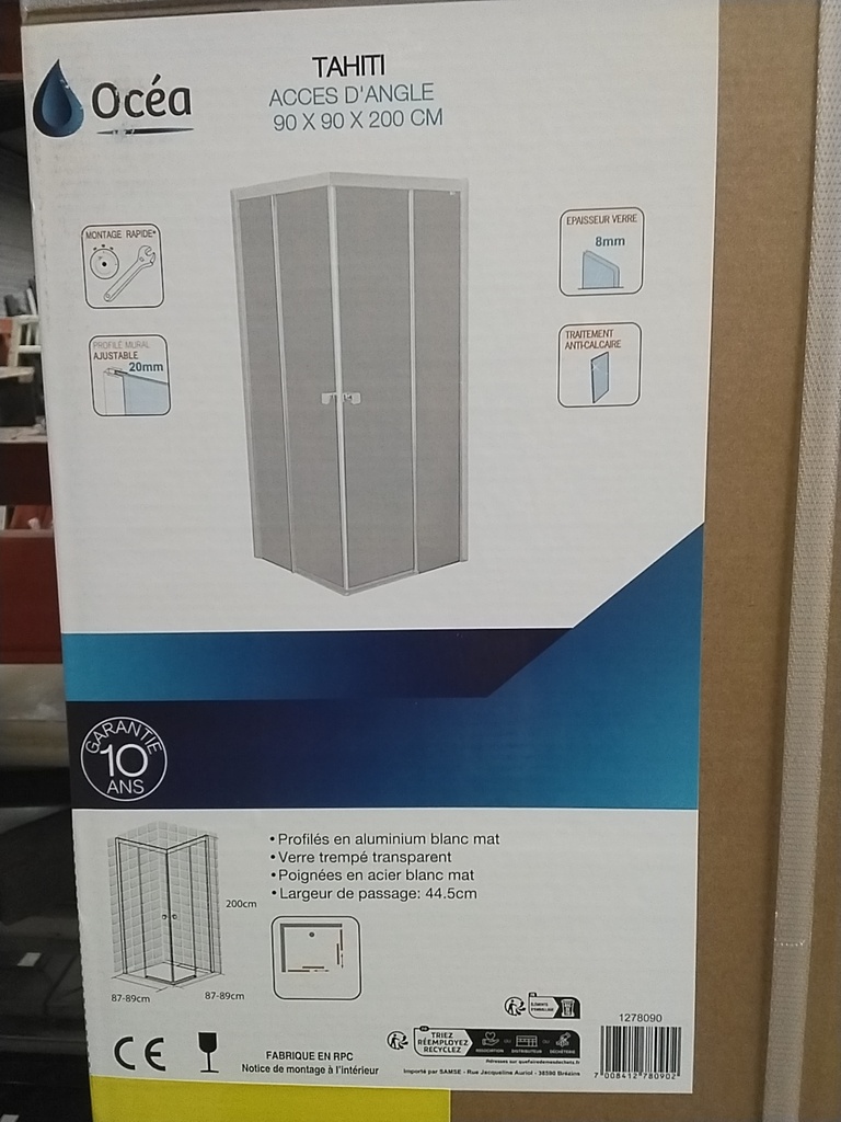 Porte de douche angle Tahiti Ocea 90x90x200